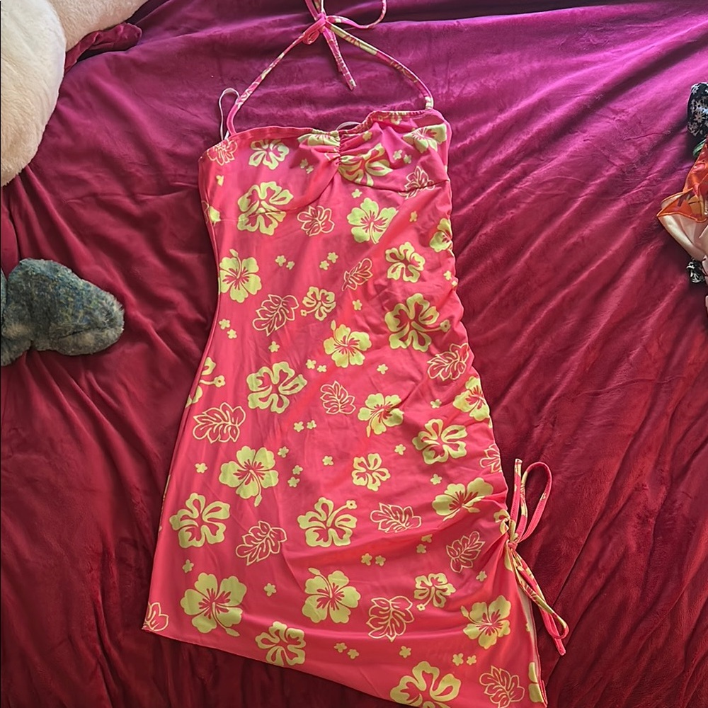 Floral Pink and Yellow Halter Dress
